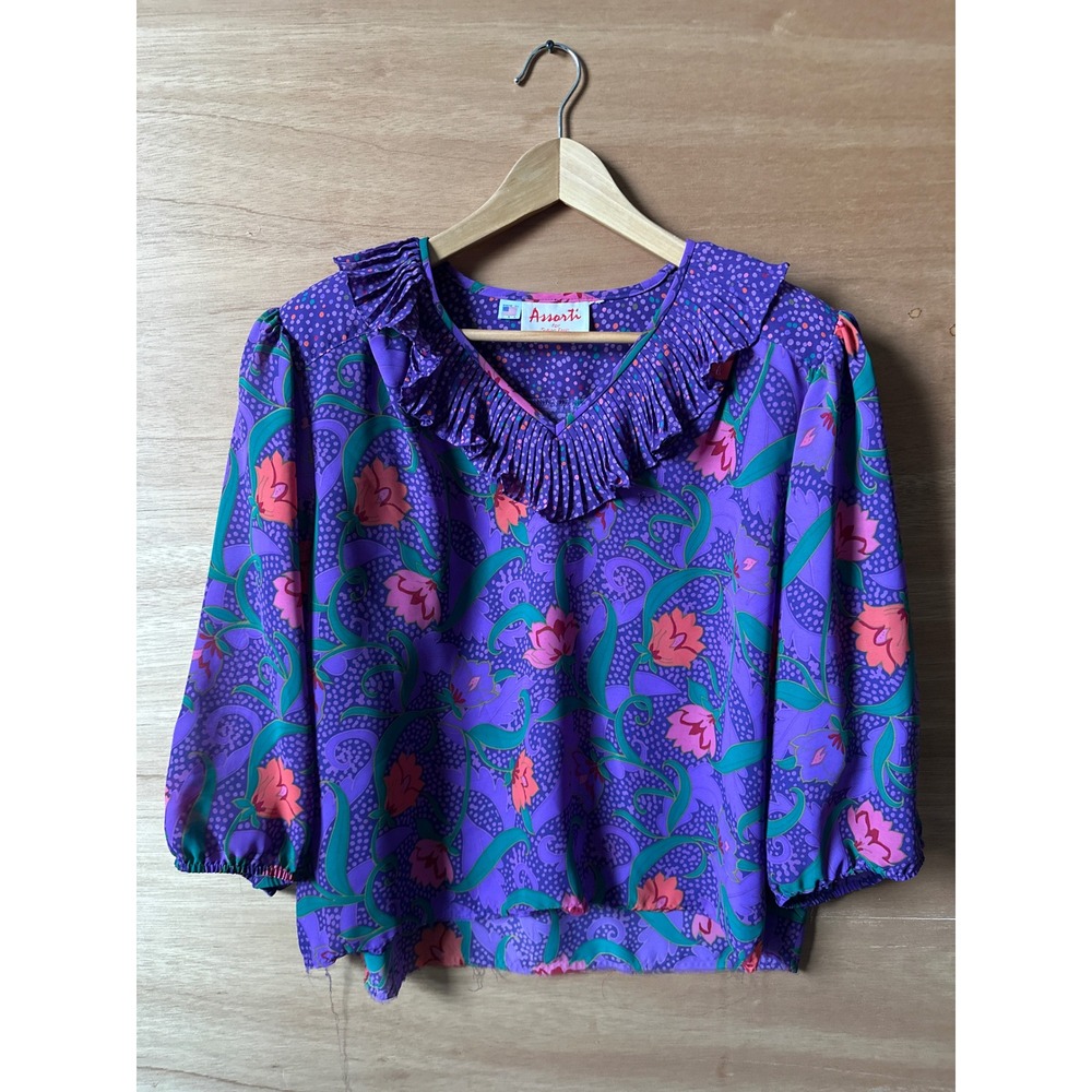 VTG Assorti for Susan Freis Vintage Purple Floral Ruffle Neck Blouse Women's M